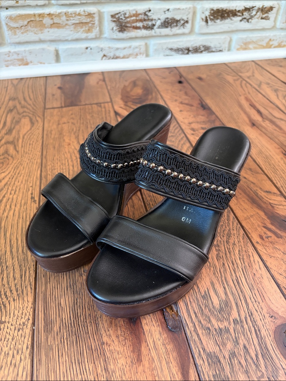 Italian Shoemakers Black Platform Slide Sandals with Braided Bead Detail